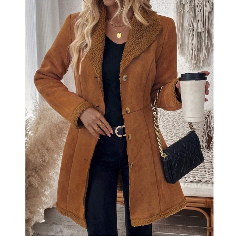 Cozy Vegan Suede Sherpa Lined Button Down Jacket Coat S M L